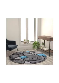 Deals 🎁 Jubilee Collection 5' x 5' Round Blue Abstract Area Rug - Olefin Rug with Jute Backing - Living Room, Bedroom, Family Room by Belnick ❤️