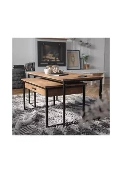 Brand new ⌛ Emerson 2 Piece Modern Nesting Coffee Table Set with Storage Drawer in Walnut Finish with Black Sled Base Metal Frames by Belnick 🎁