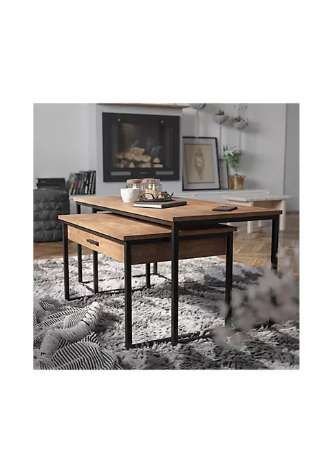 Brand new β Emerson 2 Piece Modern Nesting Coffee Table Set with Storage Drawer in Walnut Finish with Black Sled Base Metal Frames by Belnick π 2 Brand new β Emerson 2 Piece Modern Nesting Coffee Table Set with Storage Drawer in Walnut Finish with Black Sled Base Metal Frames by Belnick π - Image 2