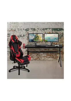 Cheapest 😍 Gaming Desk and Red Footrest Reclining Gaming Chair Set - Cup Holder/Headphone Hook/Removable Mouse Pad Top/Wire Management by Belnick 🔥