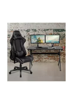 Coupon 🧨 Black Gaming Desk and Gray/Black Reclining Gaming Chair Set with Cup Holder, Headphone Hook & 2 Wire Management Holes by Belnick 👍
