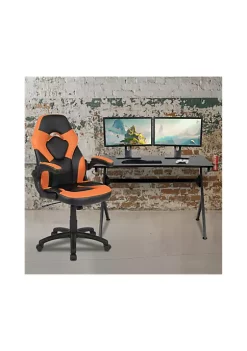 Brand new 😍 Black Gaming Desk and Orange/Black Racing Chair Set with Cup Holder, Headphone Hook & 2 Wire Management Holes by Belnick 😉