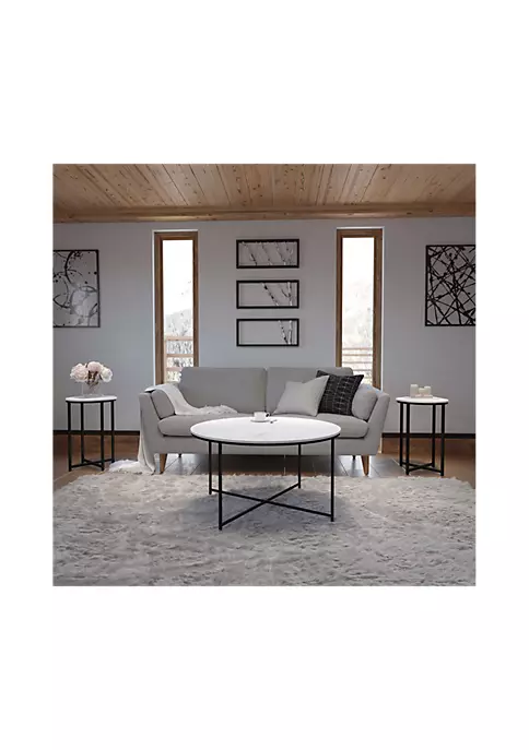Best Sale π Hampstead Collection Coffee and End Table Set - White Marbled Laminate Top & Matte Black Crisscross Frame, 3 Piece Table Set by Belnick π 2 Best Sale π Hampstead Collection Coffee and End Table Set - White Marbled Laminate Top & Matte Black Crisscross Frame, 3 Piece Table Set by Belnick π - Image 2