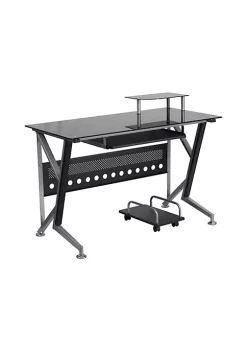 Budget 😀 Black Glass Computer Desk with Pull-Out Keyboard Tray and CPU Cart by Belnick 🛒 -Belnick Sales Shop Belk 702