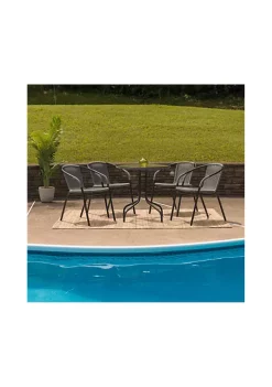 Outlet β€οΈ 28'' Round Glass Metal Table with Gray Rattan Edging and 4 Gray Rattan Stack Chairs by Belnick π