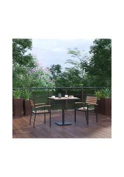 Outlet 😀 Indoor/Outdoor 3 Piece Patio Dining Table Set with 30" Square Faux Teak Table & 2 Stacking Club Chairs with Teak Accented Arms by Belnick ⭐