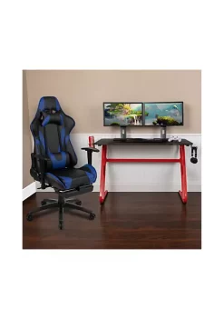 Cheapest 🤩 Red Gaming Desk with Cup Holder/Headphone Hook & Blue Reclining Gaming Chair with Footrest by Belnick ⌛
