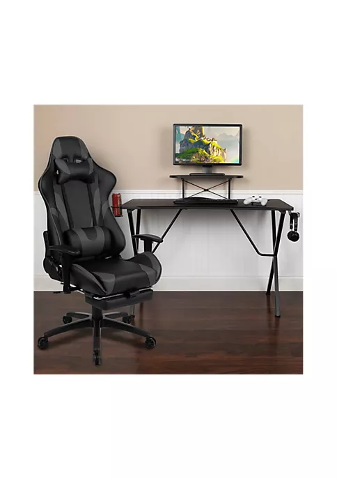 Buy ✔️ Black Gaming Desk with Cup Holder/Headphone Hook and Monitor/Smartphone Stand & Gray Reclining Gaming Chair with Footrest by Belnick ✔️ 1 Buy ✔️ Black Gaming Desk with Cup Holder/Headphone Hook and Monitor/Smartphone Stand & Gray Reclining Gaming Chair with Footrest by Belnick ✔️