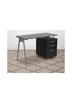 Deals β¨ Black Glass Computer Desk with Three Drawer Pedestal by Belnick π